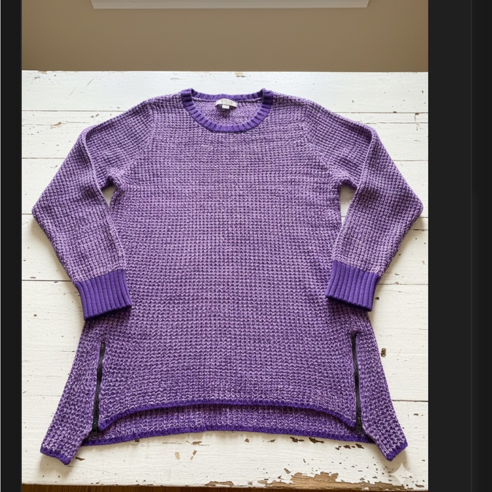 Denim&Co Purple Tunic Crew Neck Sweater size Large Petite with extended sides - Picture 2 of 8